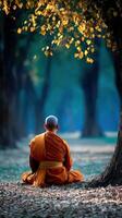 Monk meditates in a forest during autumn in South East Asia photo