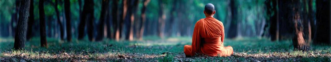 Monk meditates quietly in forest on sunny morning photo