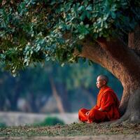 Monk in orange robe meditates beneath the tree in the evening photo