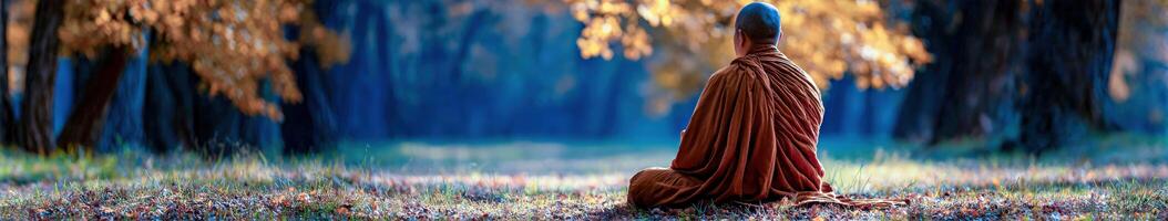 Monk meditates seated under trees during the late afternoon photo