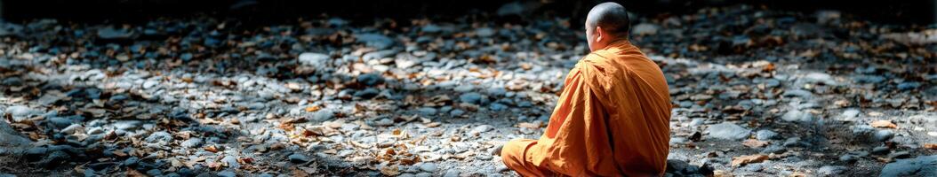 A monk sits in meditation on a rocky riverbank photo