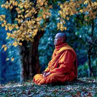 Buddhist monk meditates in lotus position in forest setting photo