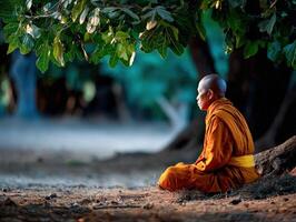 Monk sits in meditation at roots of tree in outdoor forest photo