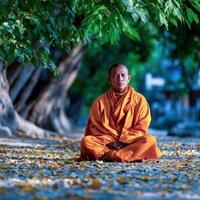 Monk meditates in the Lotus position under leafy tree photo