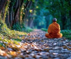 Buddhist monk meditates on nature path at dawn in Asia photo