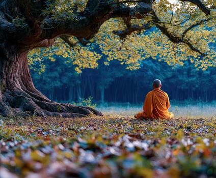 Buddhist monk meditating in Lotus position under a large tree photo