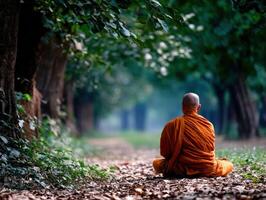 Meditating buddhist monk sits among trees in lush green forest photo