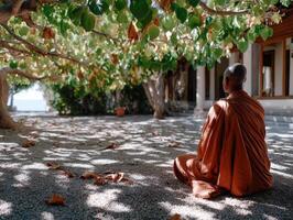 Monk meditates peacefully under a tree at a Monastery photo