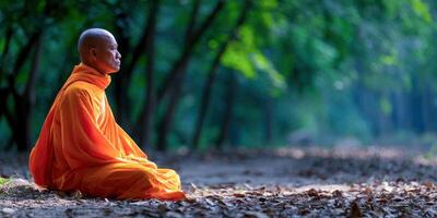 Elderly Buddhist monk meditates in natural outdoor environment photo