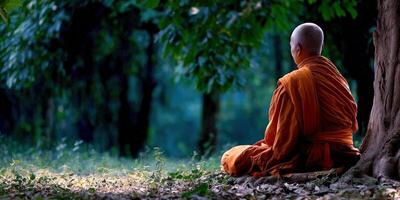 Monk meditates under a tree in outdoor peaceful setting photo