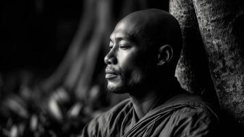 Contemplative buddhist monk rests against tree in peaceful forest photo