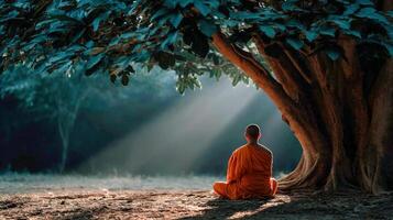 Monk meditating under a tree in early morning sunlight photo