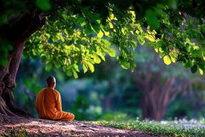 Buddhist Monk meditates under a tree in peaceful location photo