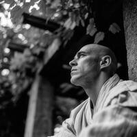Man in robe leans against stone pillar in contemplation photo