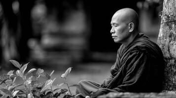 Monk meditates in peaceful garden against a tree trunk photo
