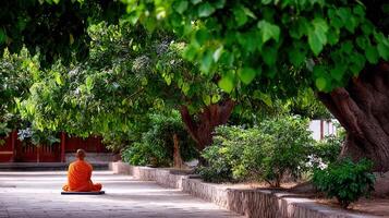 Monk meditates under Bodhi Tree at the Temple of the Tooth photo