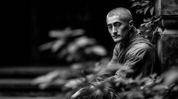 Pensive asian monk sits amongst foliage near a stone column photo