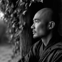 Man in robe looking thoughtfully at foliage in black and white photo