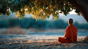 Buddhist monk meditates under tree at sunrise in nature photo