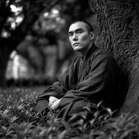 Contemplative Shaolin monk rests at the base of a large tree photo