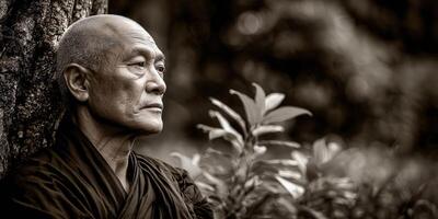 Thoughtful asian monk rests against a tree in nature photo