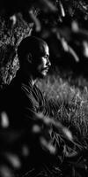 Monk rests against tree in nature, looking contemplative photo