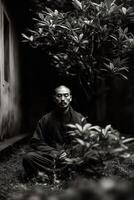Man doing seated meditation in the garden at nighttime photo