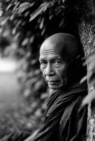 Older buddhist Monk rests next to a tree in Southeast Asia photo