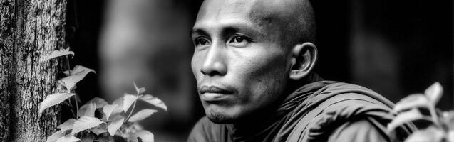 Monk poses outdoors near tree in myanmar, southeast asia photo
