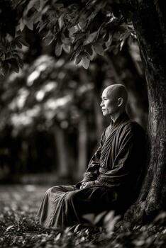 Monk sits under tree in quiet contemplation at the Temple photo
