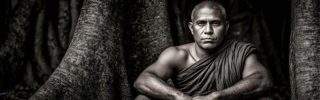 Monk sits among tree roots at Angkor Wat archaeological park photo