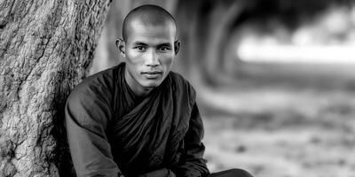 Young Buddhist monk rests against tree in Bagan, Myanmar photo