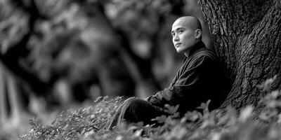 Monk sits in meditation under tree in nature on peaceful day photo