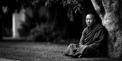 Meditative monk sits beneath a tree in early morning sunlight photo