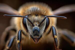 Honey bee face close-up showing detail of compound eyes and antennae photo