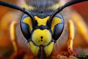 Extreme close-up shows detailed wasp face in sharp focus photo