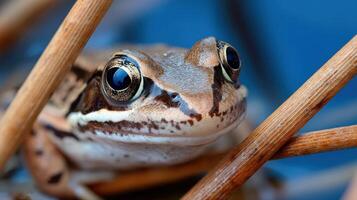 Close up of a common frog in reeds against a blue background photo