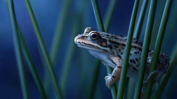Frog perches on green reeds at twilight in a wetland habitat photo