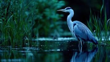 Grey heron stands in shallow water near green reeds photo