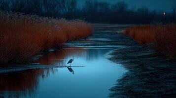 Gray heron standing in water at dusk in Danube Delta photo