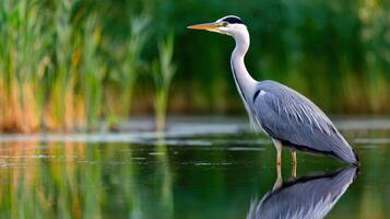 Grey heron standing in shallow water in the springtime photo