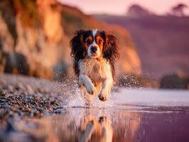 Cavalier King Charles spaniel dog running on beach at sunset photo