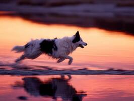 Running border collie dog at colorful sunset beach location photo