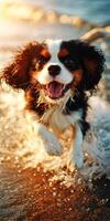 Cavalier King Charles spaniel runs through water at sunset photo