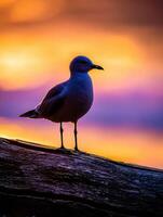 Seagull silhouette rests on log during colorful sunset photo