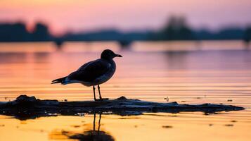 Sea gull resting on log at Lake Michigan during sunset photo