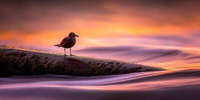Seagull stands on log at sunset along the Pacific Ocean photo