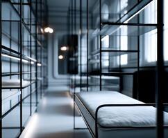 Hallway with daybed and black metal shelving units at night photo