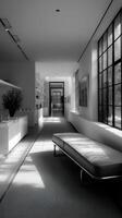 Interior view of bright corridor at Daytime in monochrome photo