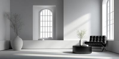 Minimalist room with black chair and arched windows during the day photo